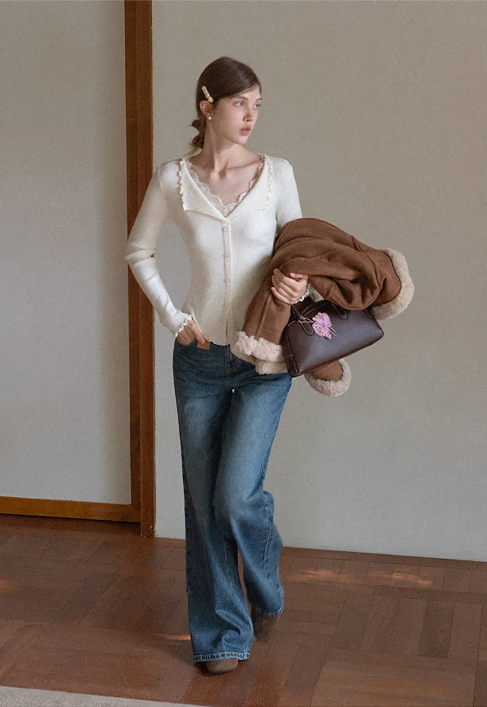 Lace Trim Ribbed Knit Top