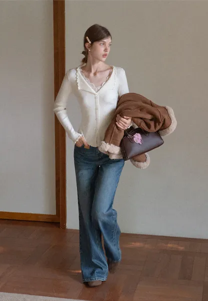 Lace Trim Ribbed Knit Top