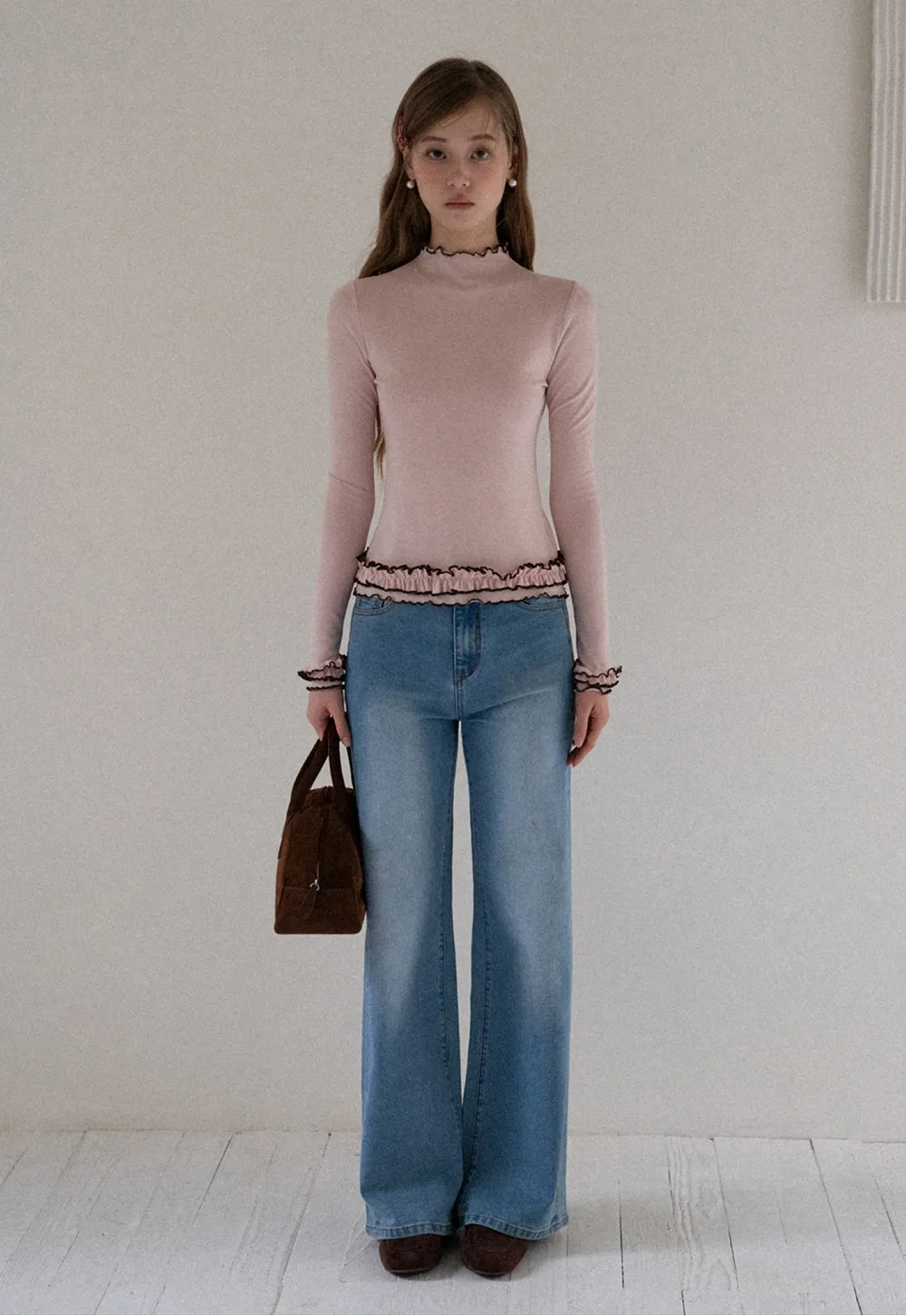 Ruffle Trim Mock Neck Long Sleeve Top