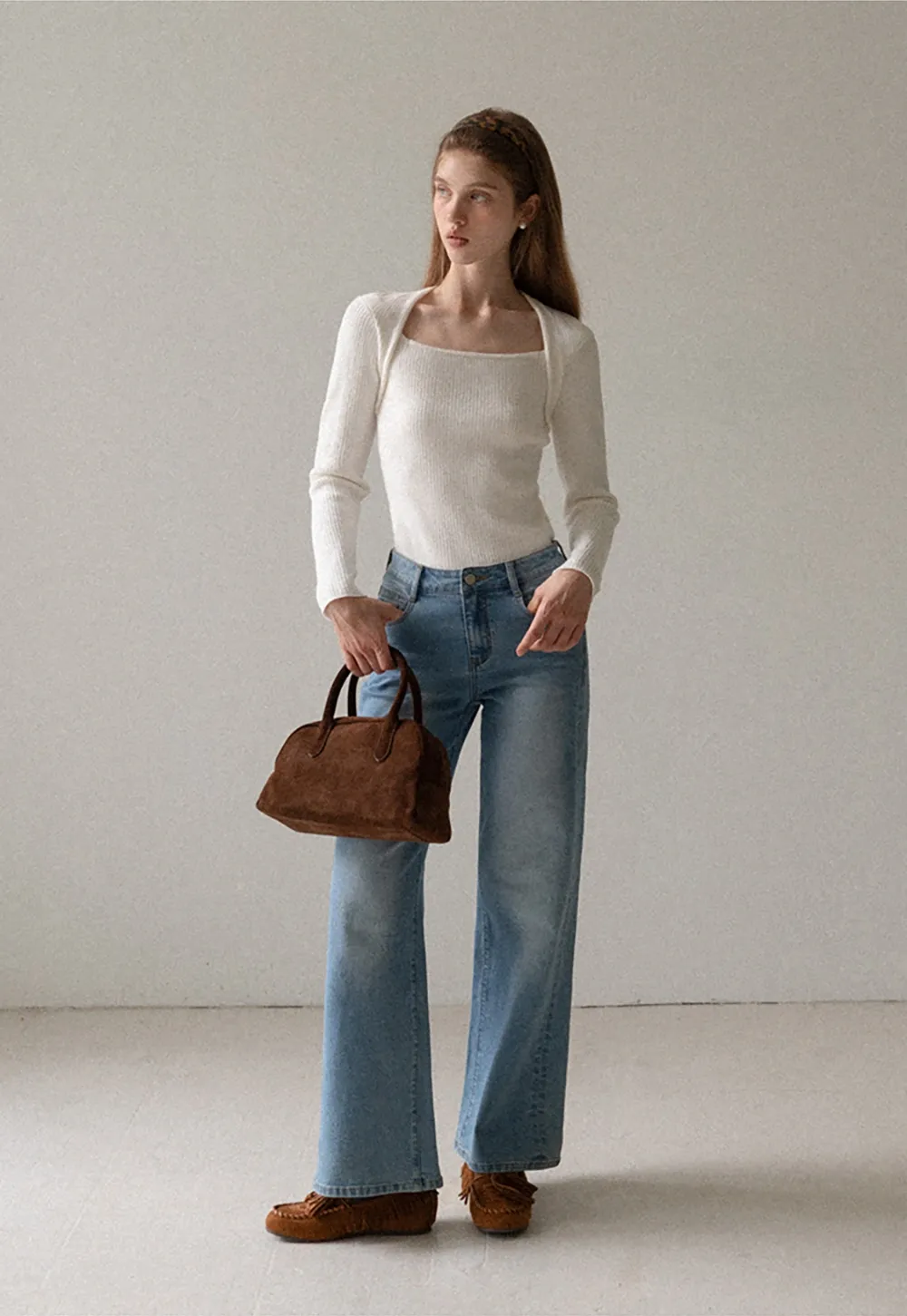 Women Square Neck Ribbed Knit Shrug Top