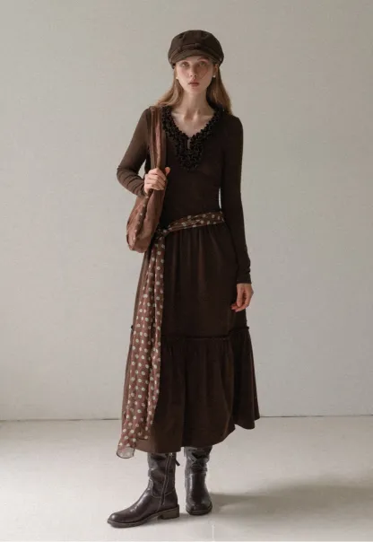 Women Long Sleeve Ruffle Neck Vintage Maxi Dress