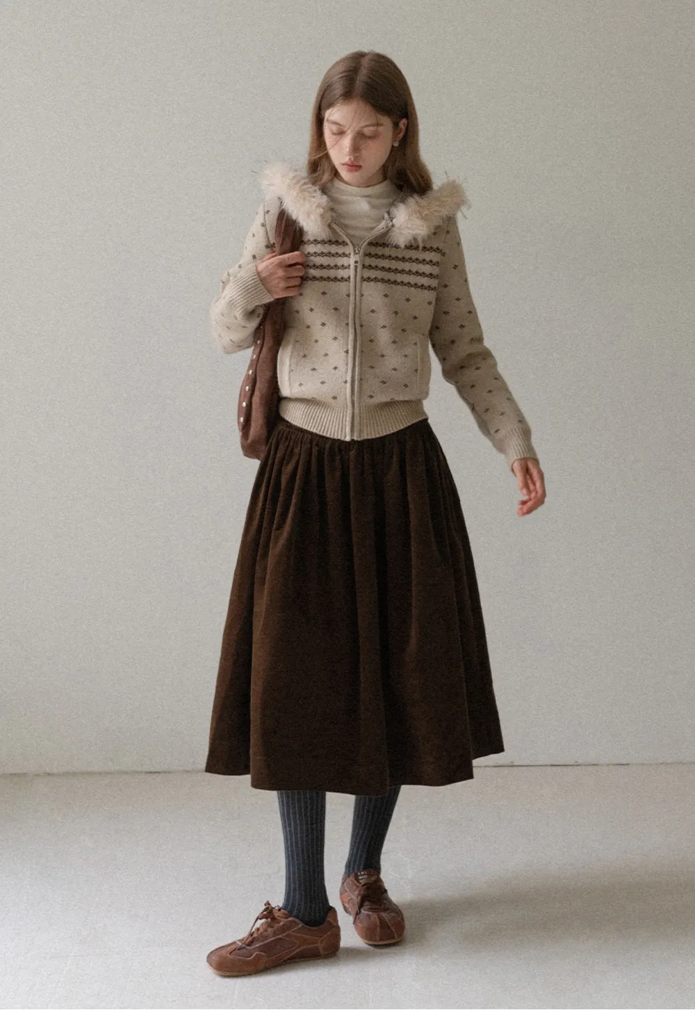 Vintage Knit Hooded Cardigan Women Faux Fur Coat