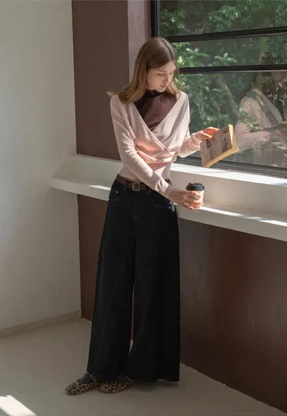 V Neck Wrap Knit Top and Sleeveless Vest Set