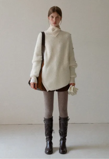 Cozy White Turtleneck Sweater Women Fuzzy Knit Top