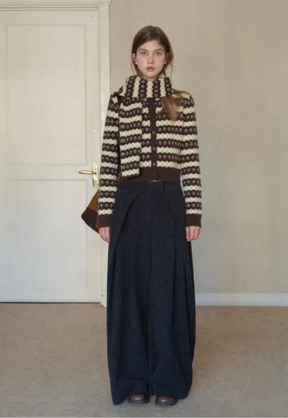 Women Warm Knit Cardigan Set Vintage Striped Style