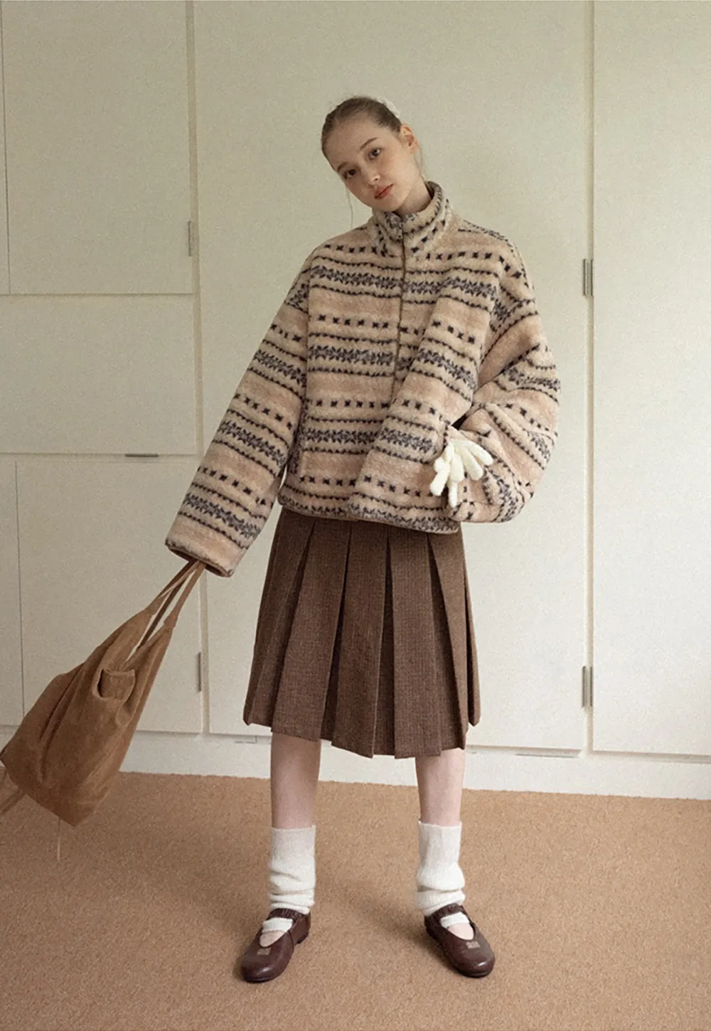 Women Vintage Fleece Jacket Striped Warm Outerwear