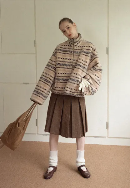 Women Vintage Fleece Jacket Striped Warm Outerwear