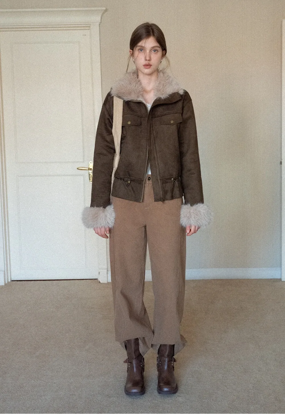 Women Faux Suede Fur Trim Short Winter Jacket