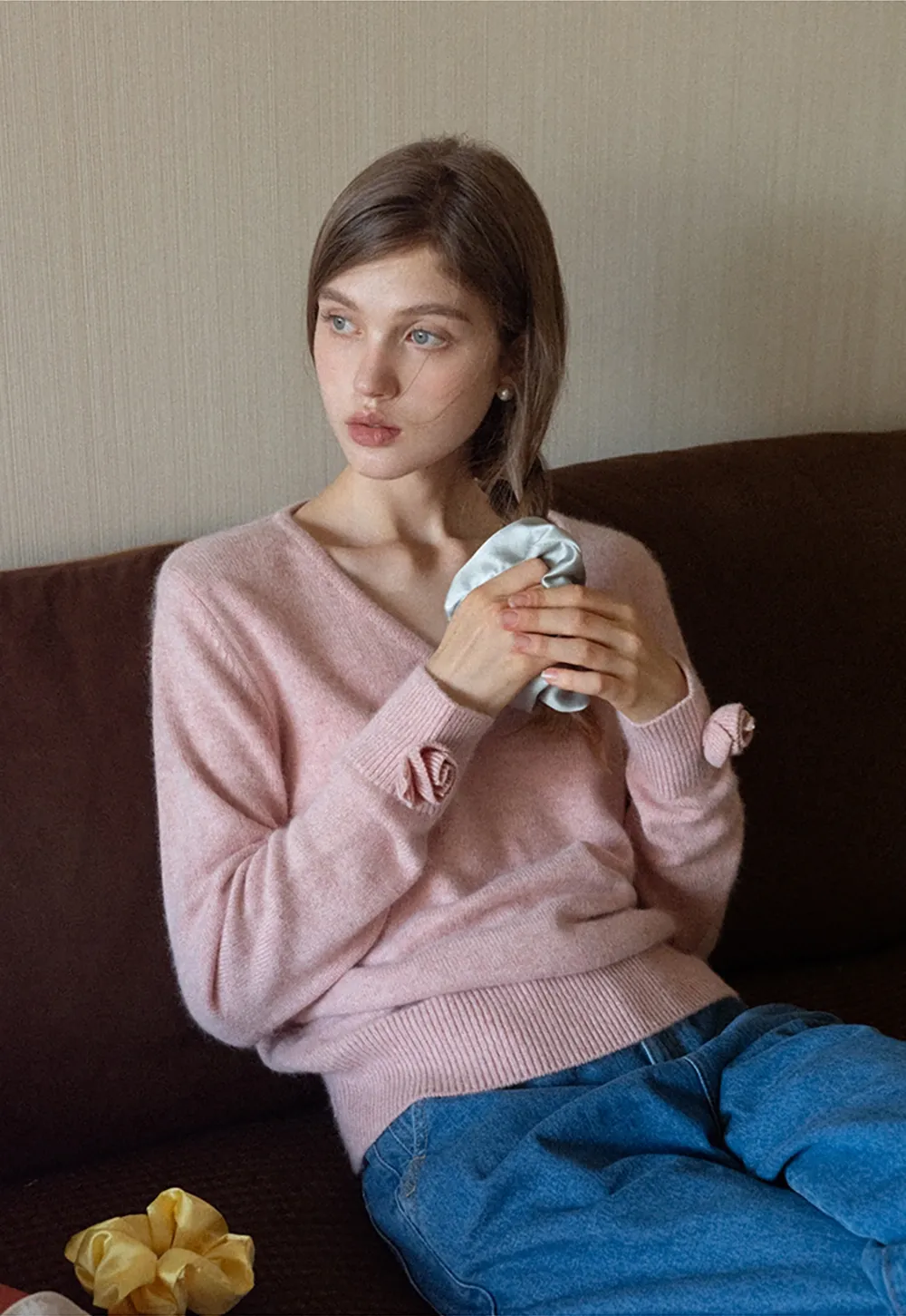 Women V-Neck Knit Sweater with Bow Cuff Detail