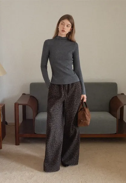 Women Leopard Print Wide-Leg Pants with Drawstring Waist