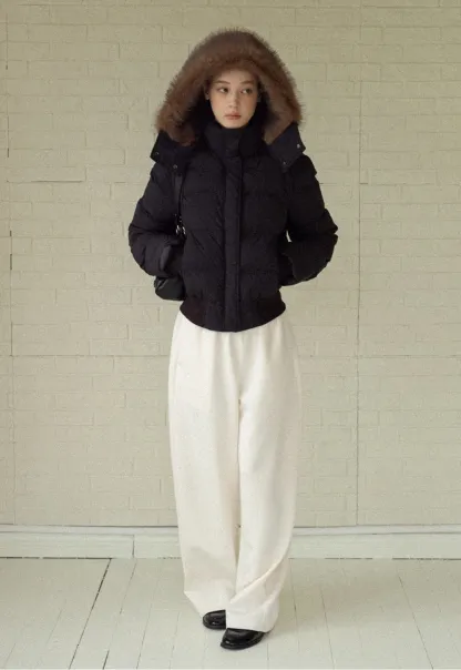 Stylish Black Winter Coat Jacket with Fur Hood