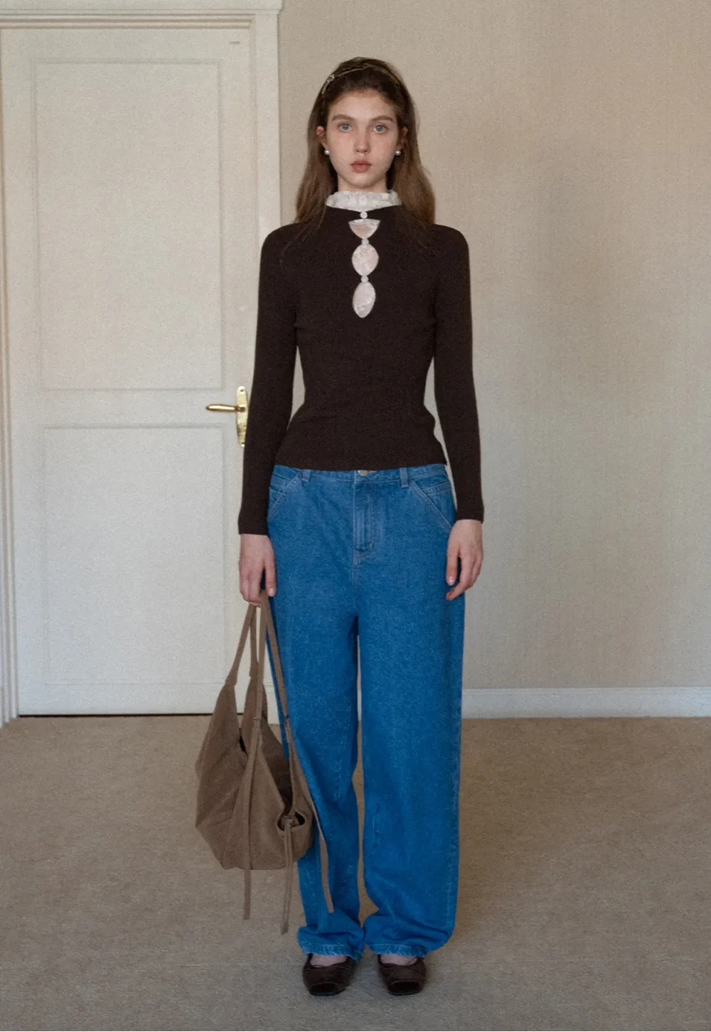 Womens Ribbed Mock Neck Top with Lace Buttons