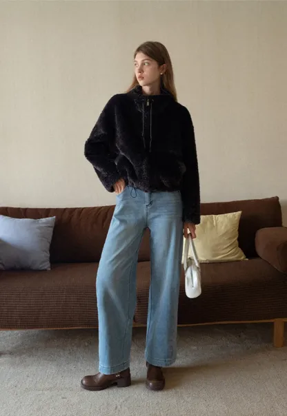 Womens Oversized Stand Collar Faux Leather and Sherpa Jacket