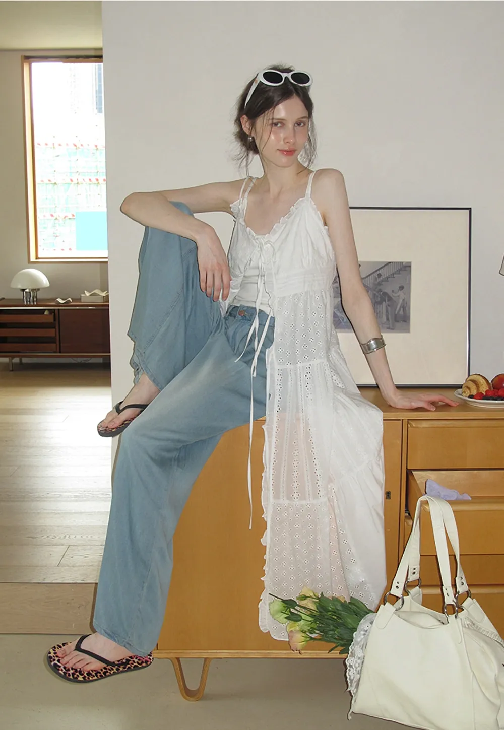Women’s Eyelet Lace V Neck Midi Dress