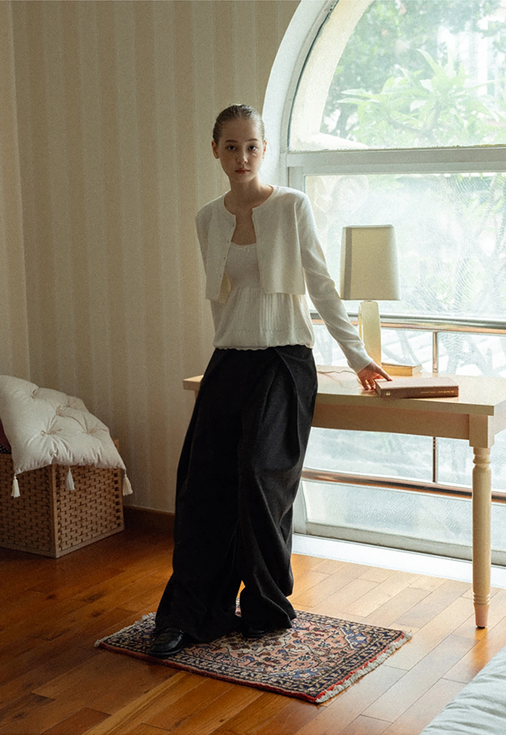 Chic White Cardigan with Bow Tie and Matching Camisole