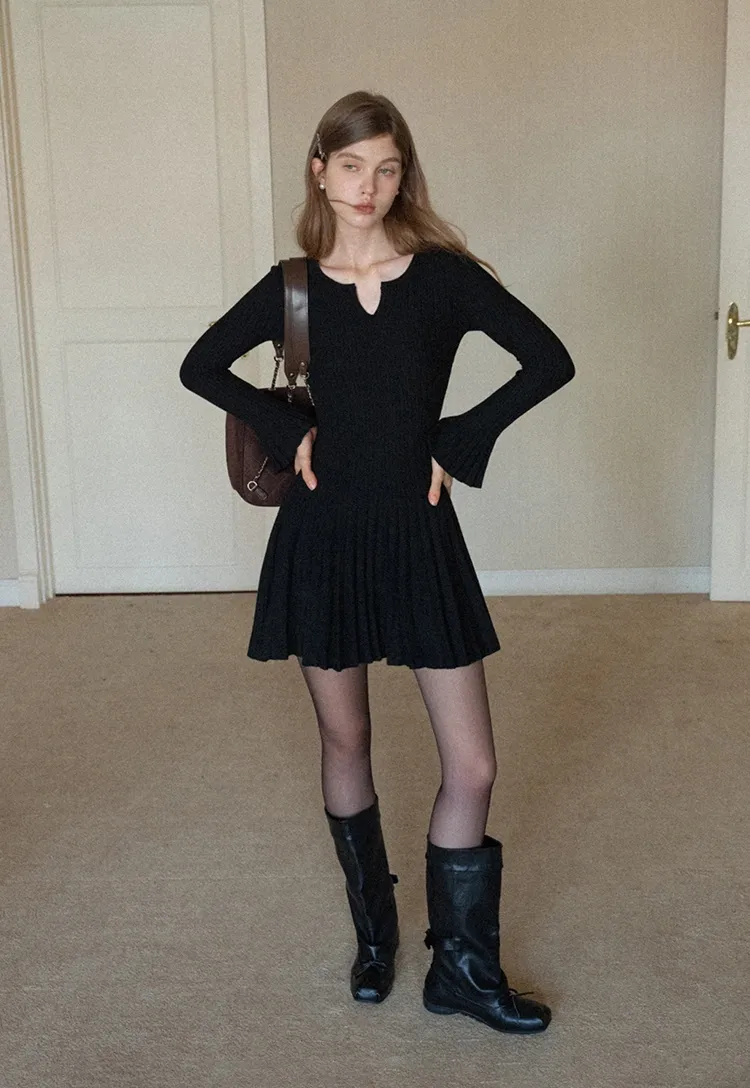 Black Pleated Dress with Bell Sleeves for Women