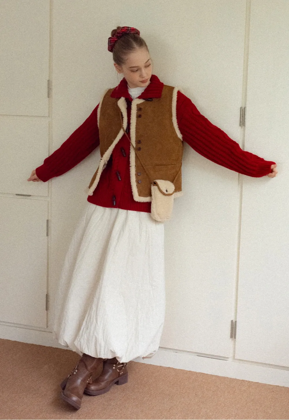 Women Brown Suede Shearling Vest with Warm Fleece Lining