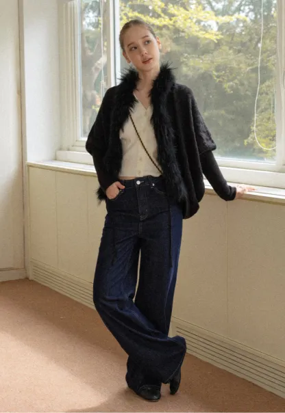 Faux Fur Collar Cable Knit Poncho Sweater for Women