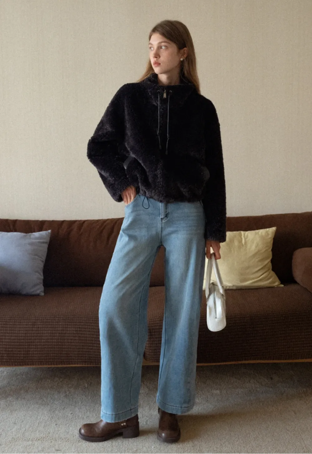 Wide-Leg Denim Jeans with Belt and Charm Detail