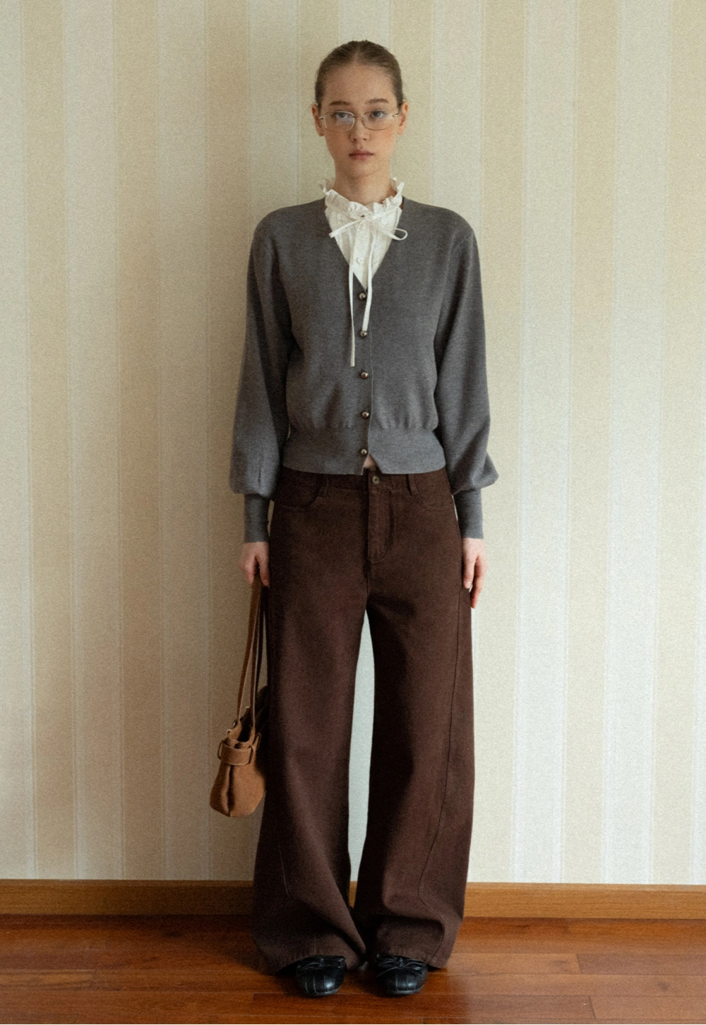 Women V-Neck Cardigan with Puff Long Sleeves