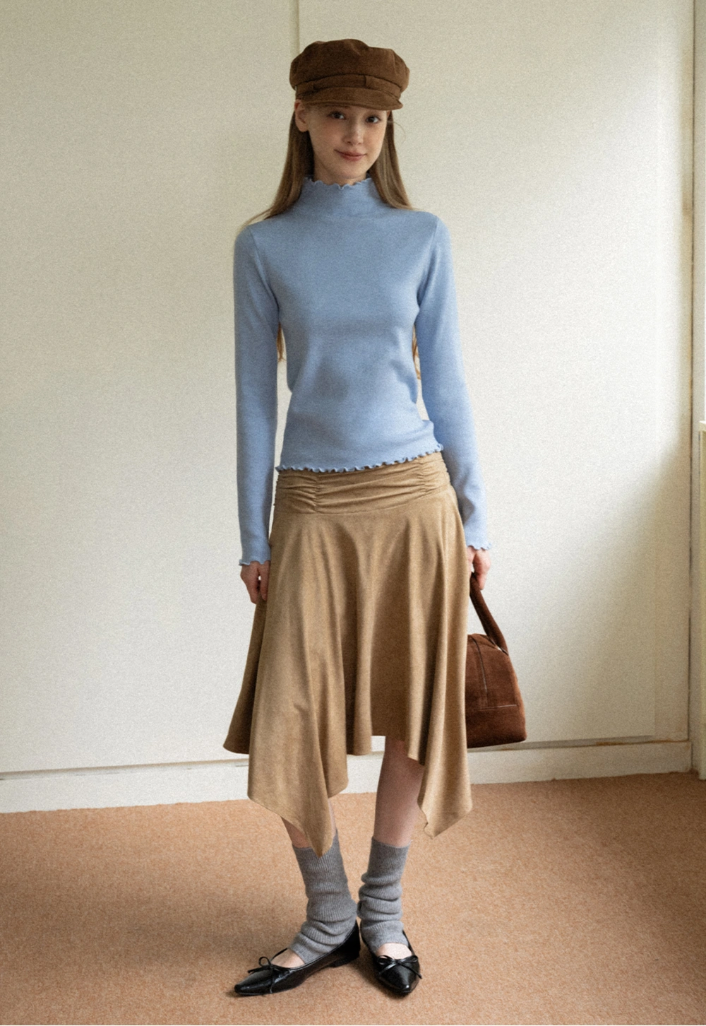 Chic Light Blue Ruffle Trim Turtleneck Sweater