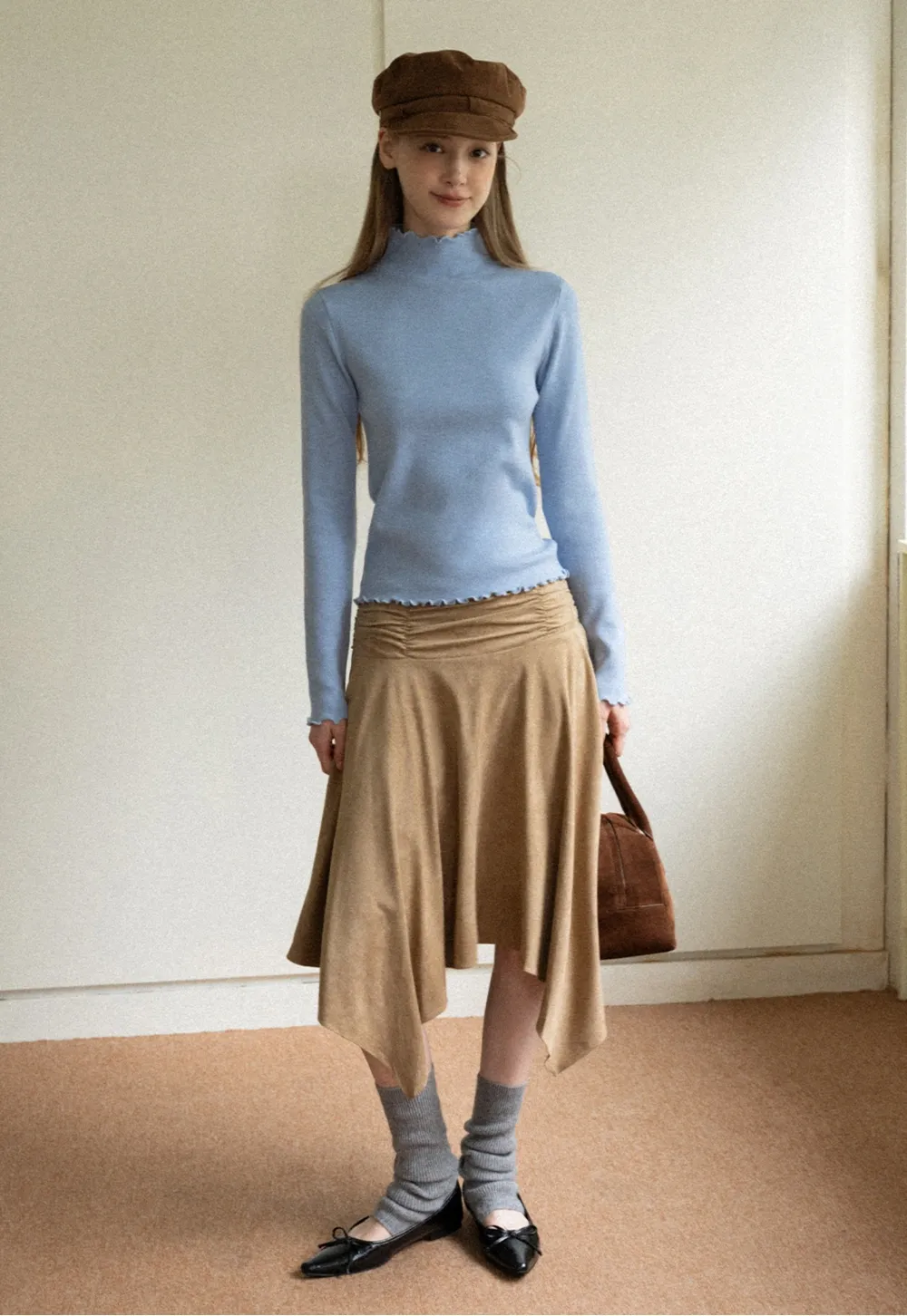 Chic Light Blue Ruffle Trim Turtleneck Sweater