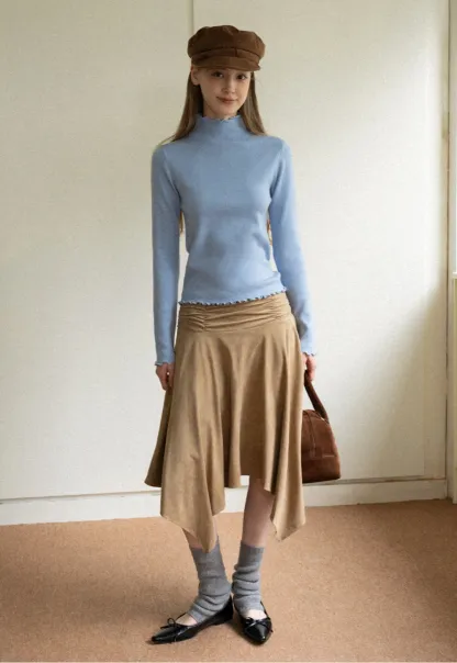 Chic Light Blue Ruffle Trim Turtleneck Sweater