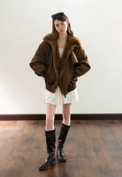 Faux Suede Jacket with Fur Collar