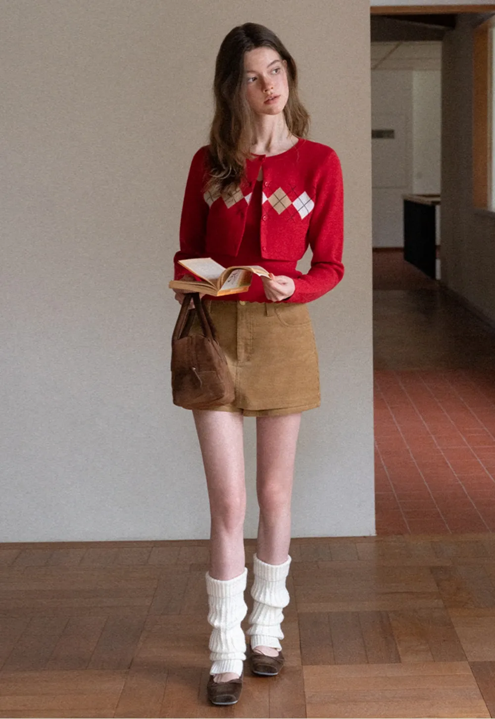 Women Red Tank Top and Argyle Cardigan Set