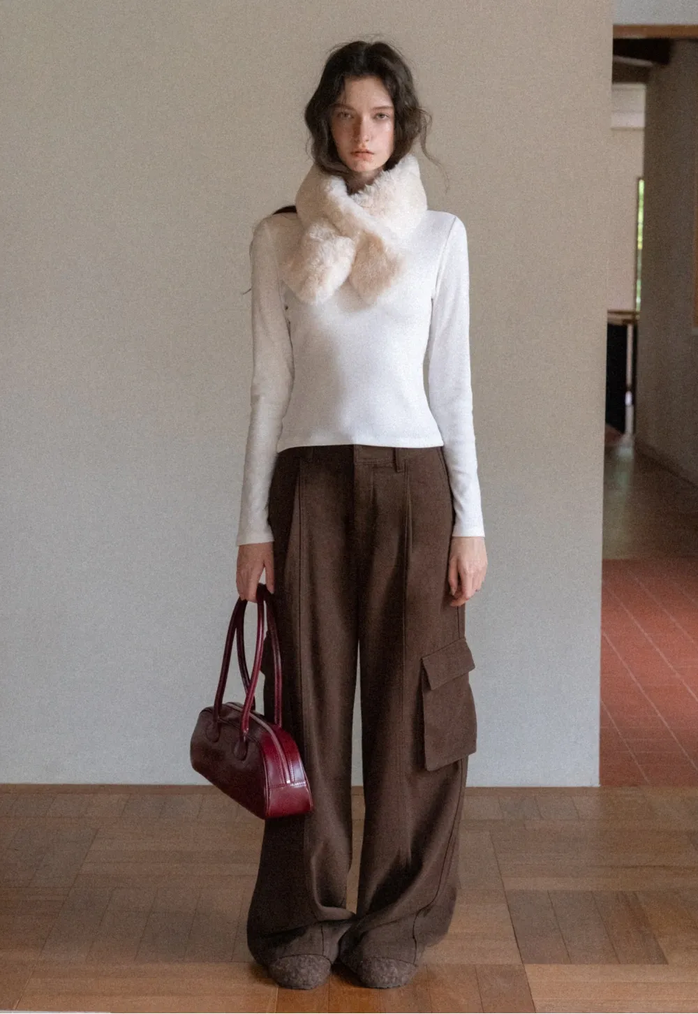 Women Brown Wide-Leg Cargo Pants with Pockets