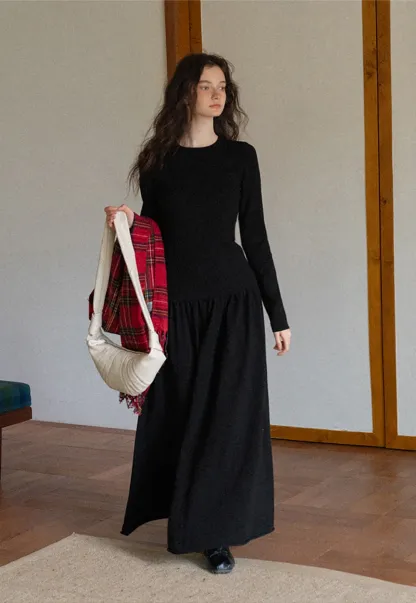 Women Black Long Sleeve Top and High-Waisted Skirt Set