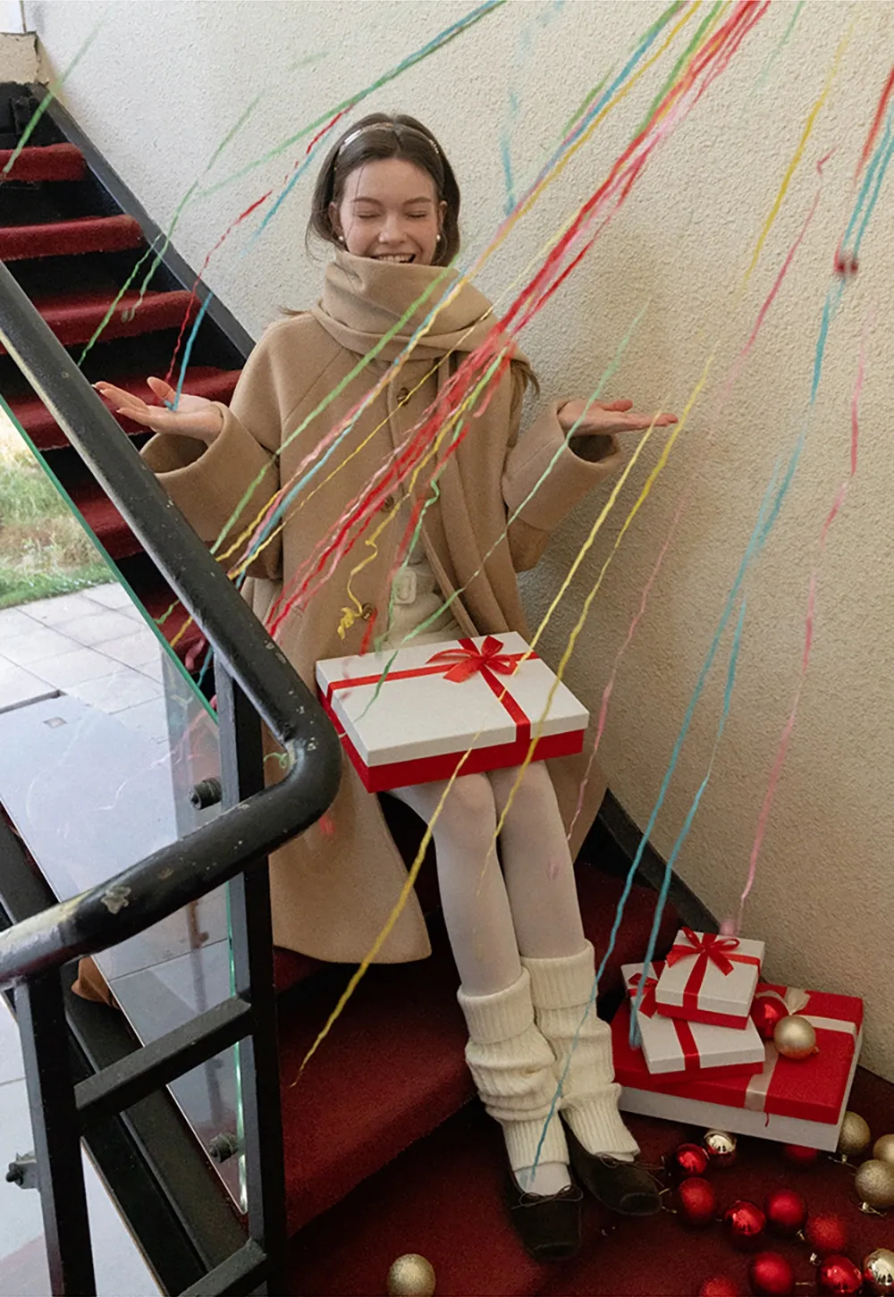 Women Wool Coat with Attached Scarf