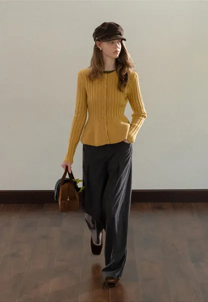 Women Ribbed Cardigan with Button Front