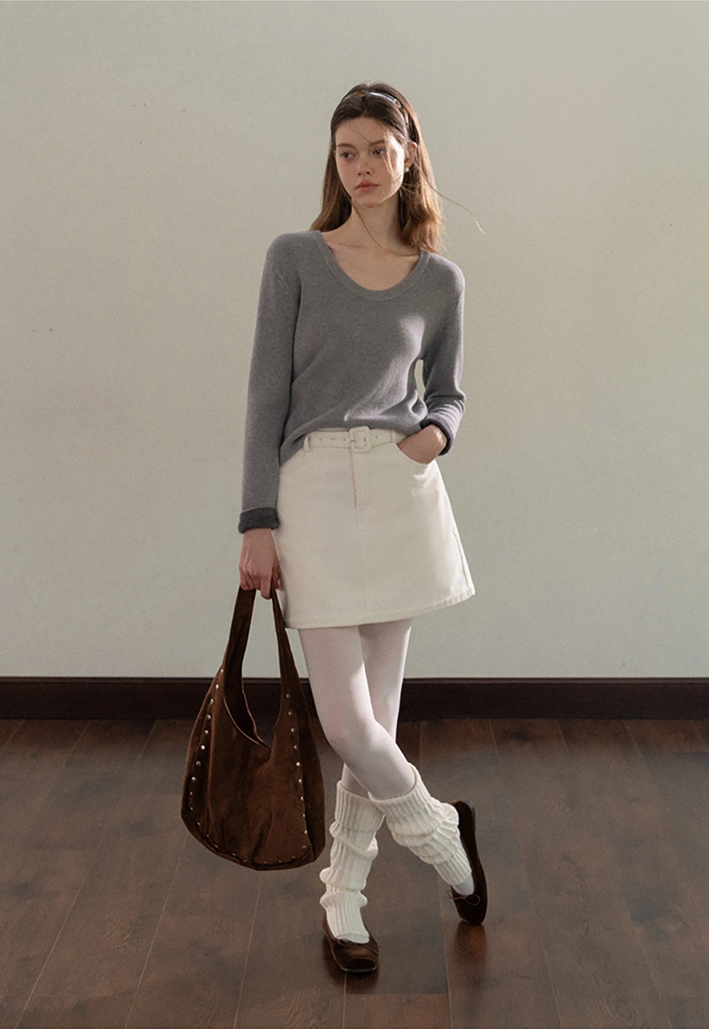 Women White Belted Corduroy Skirt