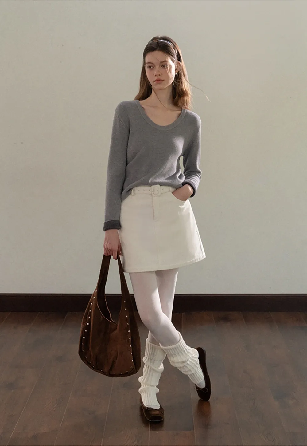 Women White Belted Corduroy Skirt