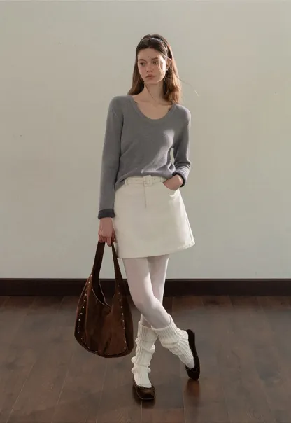 Women White Belted Corduroy Skirt