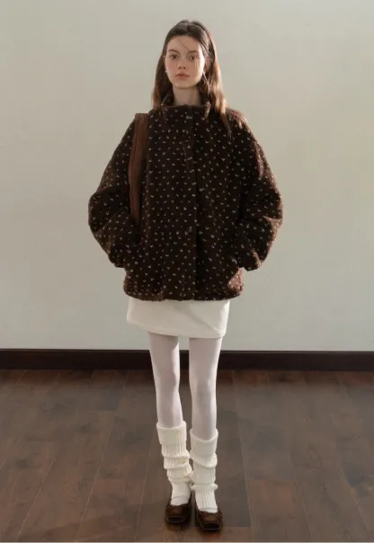 Women Cozy Fleece Jacket with Cute Heart Pattern