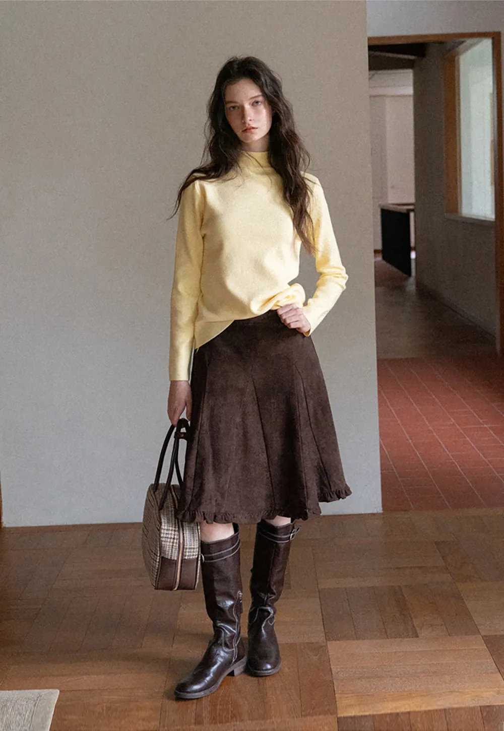 Ruffled Hem Suede A-Line Skirt