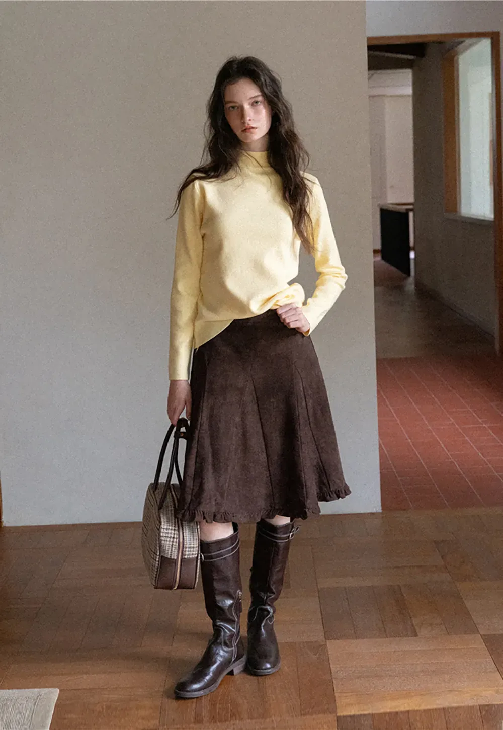 Ruffled Hem Suede A-Line Skirt