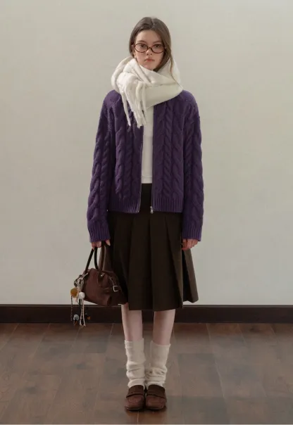 Stand-Collar Cable Zip Sweater