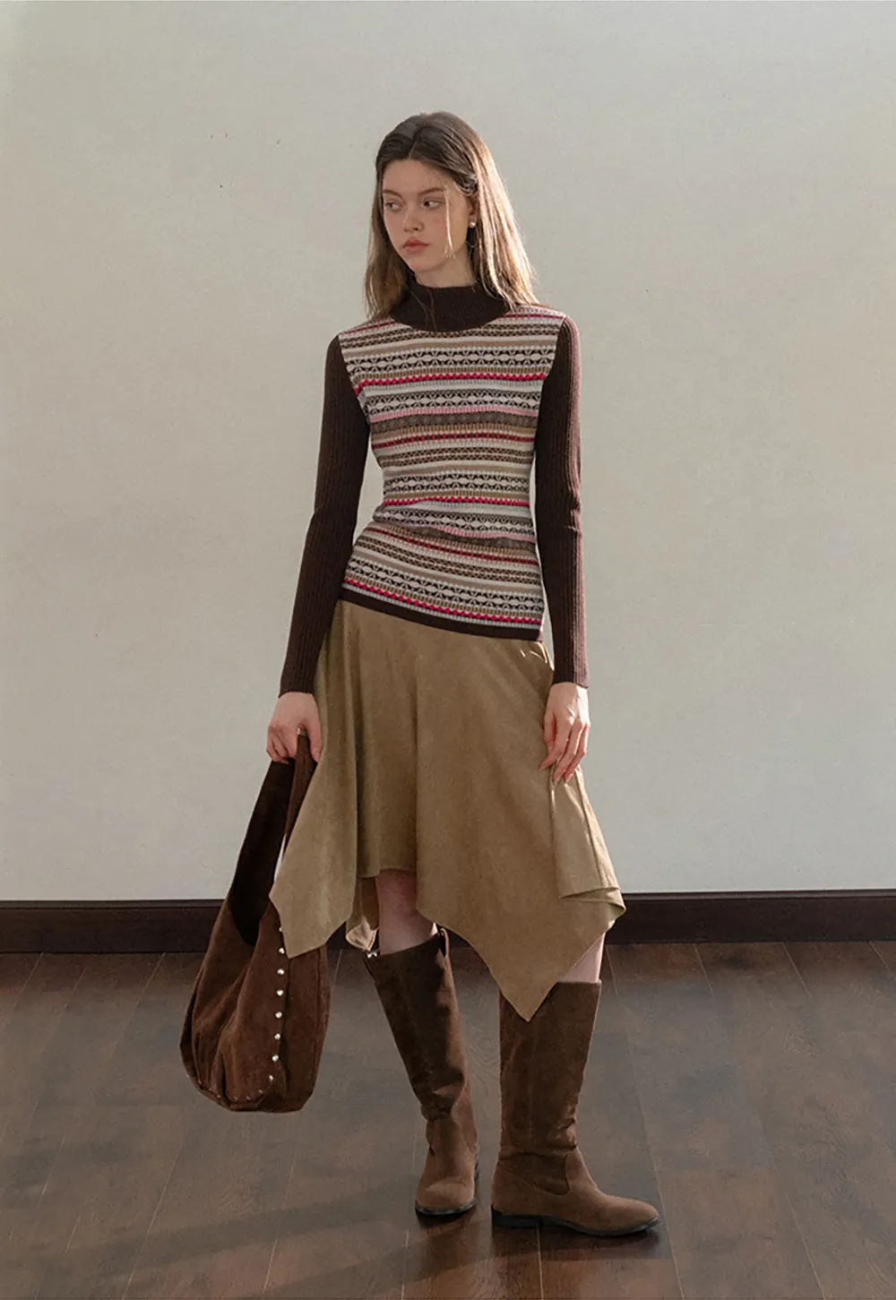 Striped Fair Isle Turtleneck Knit Top