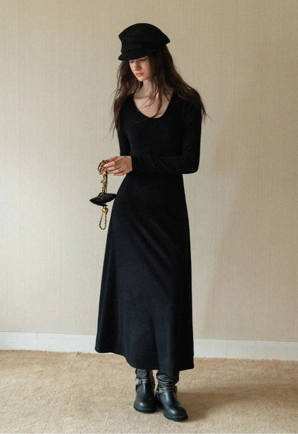 Black Long Sleeve Dress with Grey Cardigan Set