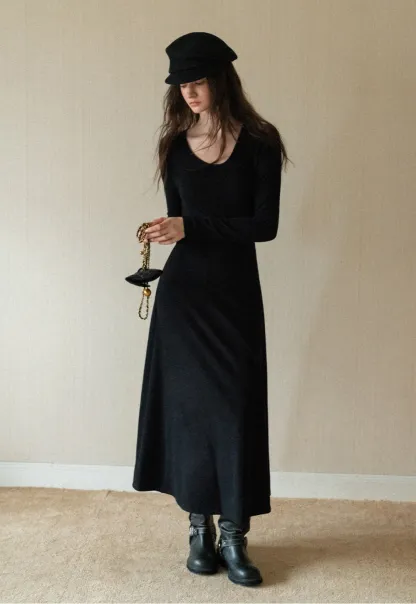 Black Long Sleeve Dress with Grey Cardigan Set