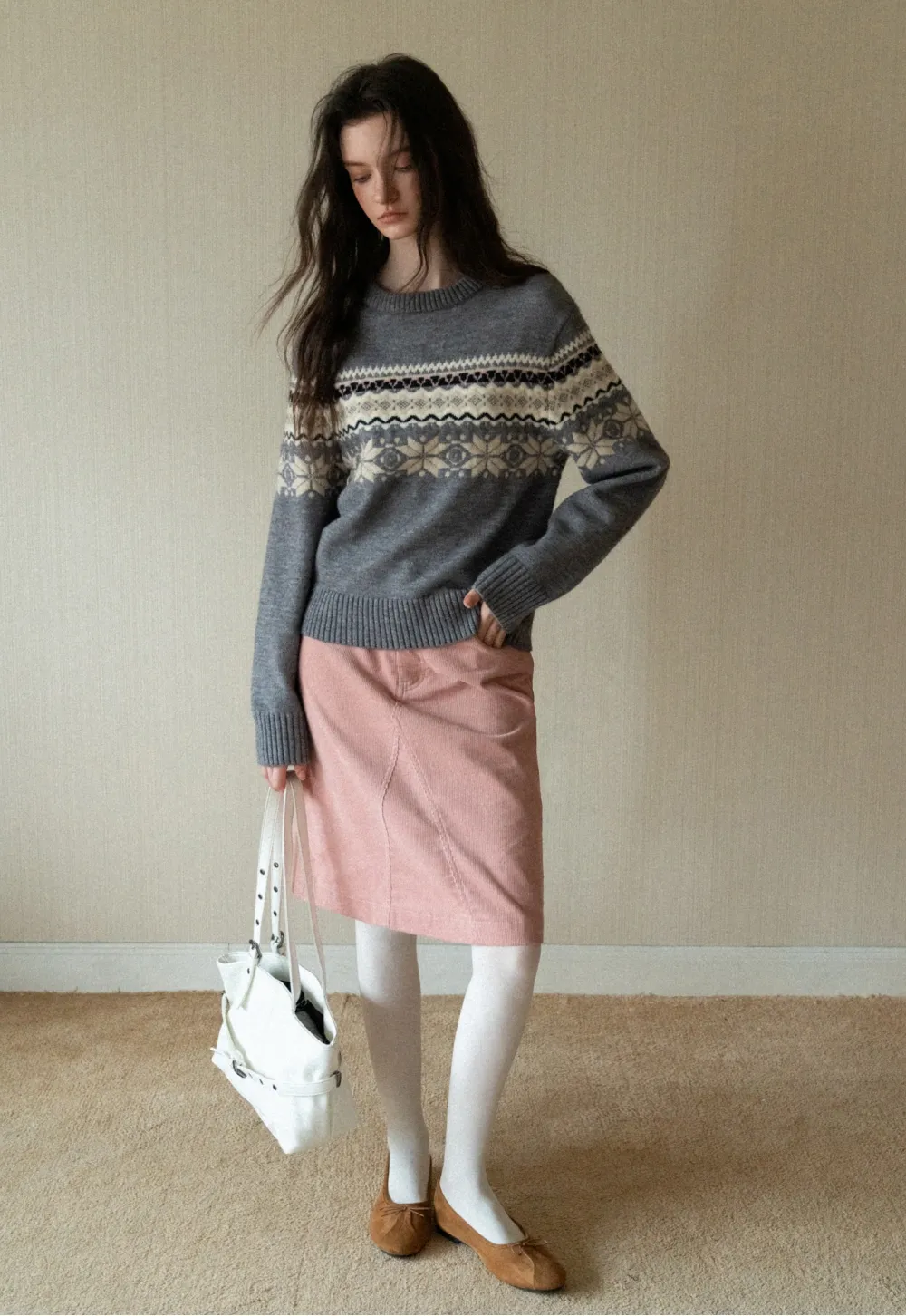 Gray Knit Sweater with Fair Isle Pattern