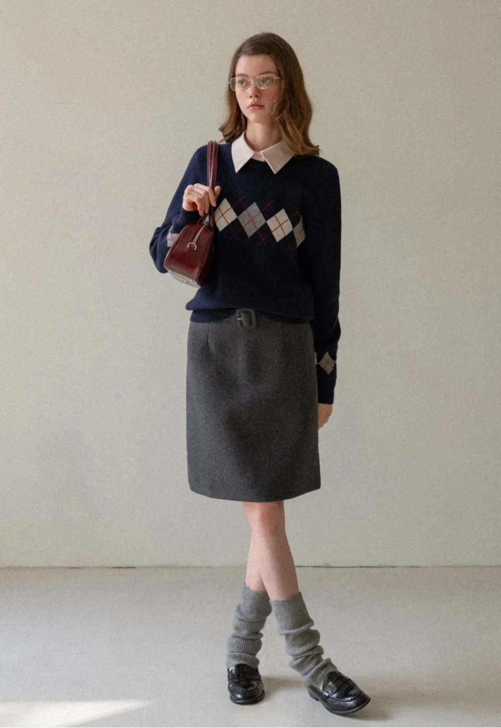 Wool Belted A-Line Mini Skirt in Charcoal