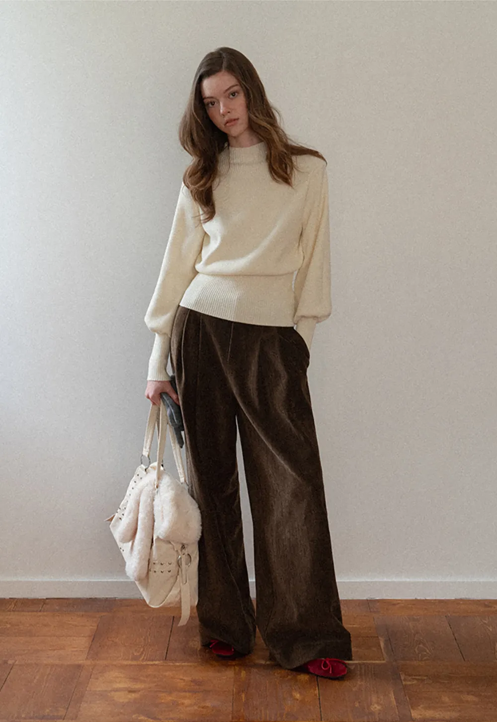 Ribbed High-Neck Sweater with Balloon Sleeves