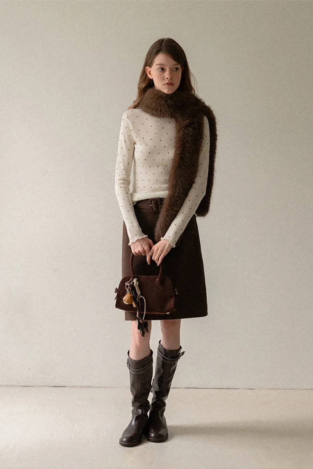 Polka Dot High Neck Ruffle Knit Top