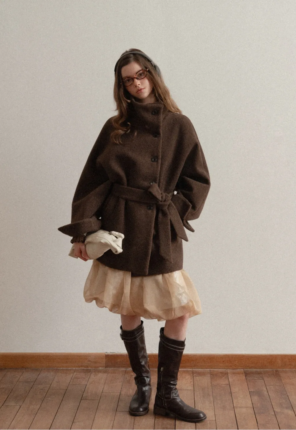 Winter Woolen Coat with Belt and Button Fastening