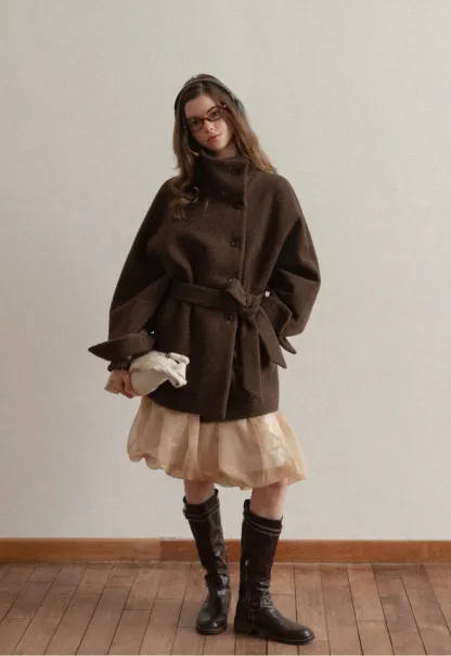 Winter Woolen Coat with Belt and Button Fastening