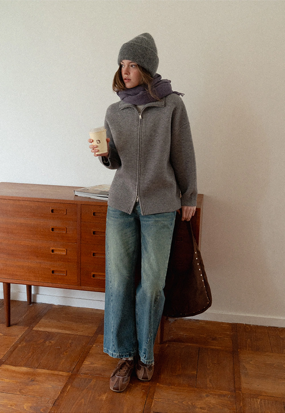 Women Grey Zip-Up Sweater with Ribbed Collar